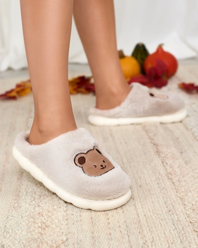 Royalfashion Light gray women's fur slippers with teddy bear Hettres