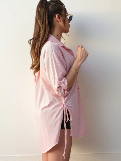 Royalfashion Cotton longer women's shirt with stripes and waist tie