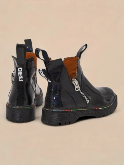 Black lacquered women's boots with a Odeta zipper - Footwear