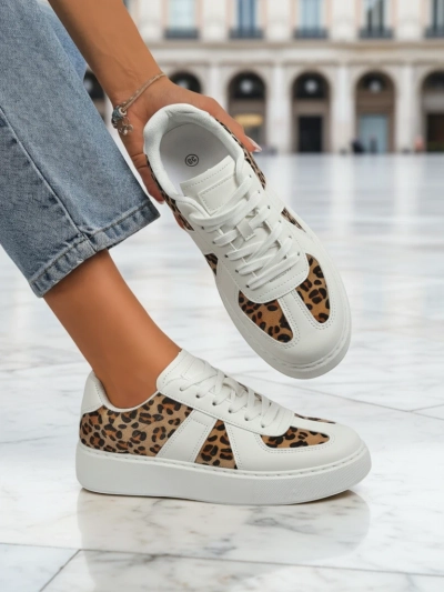 Women's Sneakers Calista Leopardia – White Eco Leather Fabric Spring 4cm