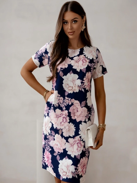 Royalfashion Simple knee-length women's dress with short sleeves featuring a floral pattern