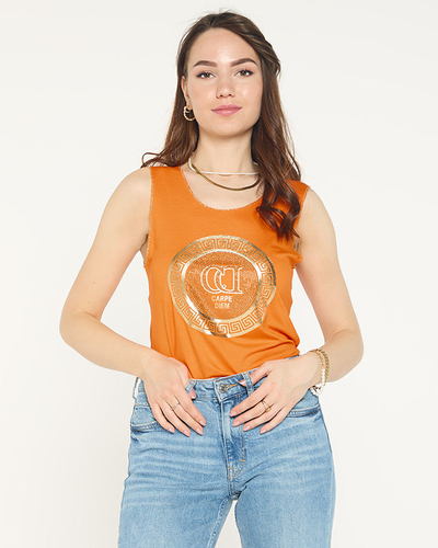 Orange shoulder blouse with print and cubic zirconia - Clothing