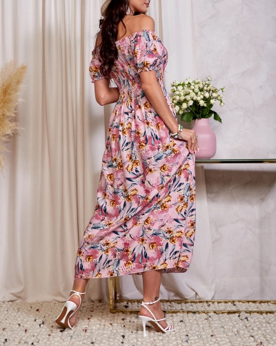 Pink women's floral midi dress - Clothing