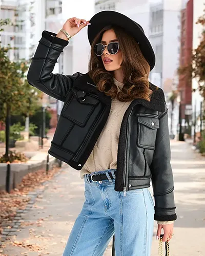 Royalfashion Women's eco leather jacket with fur in black color