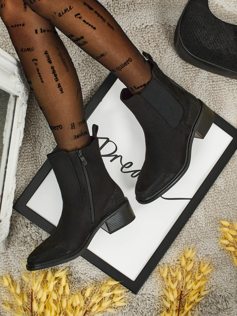 Women's Eco Suede Ankle Boots Decorated with Rhinestones TangleMist