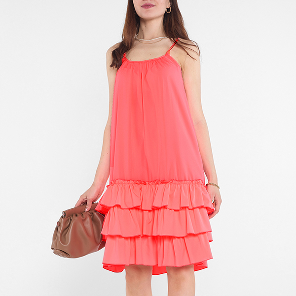 Pink neon women's dress on straps with frills - Clothing