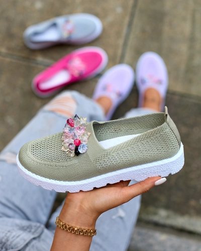 Royalfashion khaki värvi naiste kangast mokasiinid kristallidega Fezens