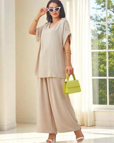 Royalfashion Women's cotton set with short sleeves and flared pants