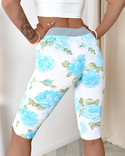 Women's white 3/4 length shorts with blue flowers - Clothing