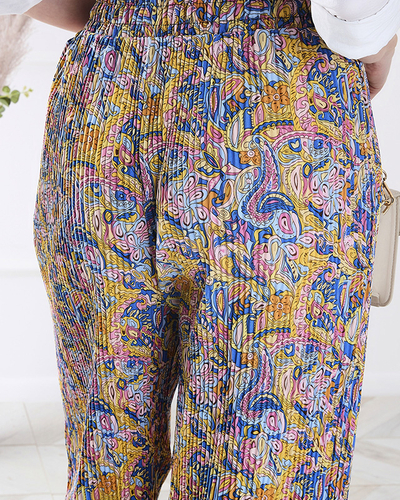 Women's patterned wide-leg pants in yellow- Clothing