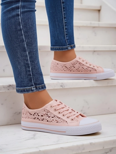 Kalipso Pink Women's Fabric Sneakers – Openwork Flat Sneakers