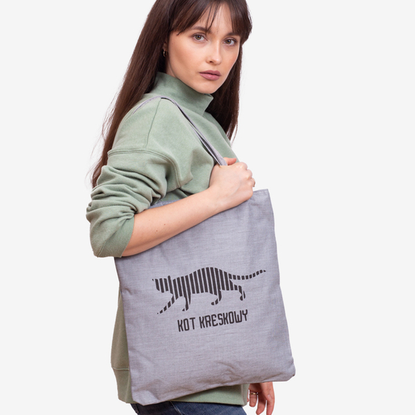 Gray fabric bag with a cat's inscription and print - Accessories