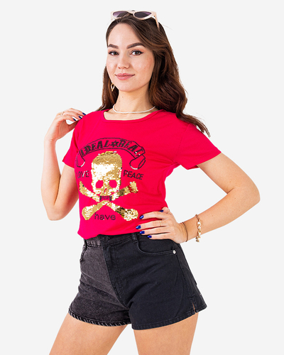 Fuchsia ladies t-shirt with sequins and inscriptions - Clothing