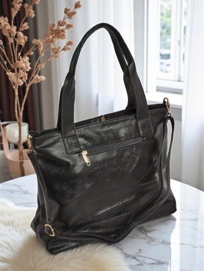 Eko-nahast naiste käekott Nerina – must Itaalia shopper-kott lukuga