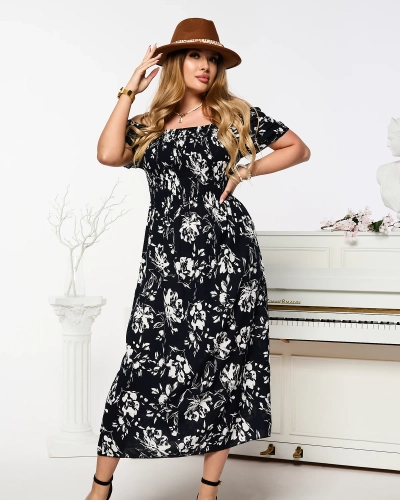 Black women's midi dress with floral pattern - Clothing
