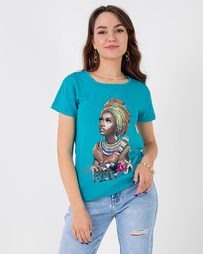Blue women's t-shirt with colored print and sequins - Clothing