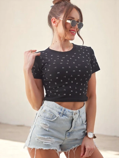 Женский хлопковый кроп-топ Royalfashion с стразами и буквами