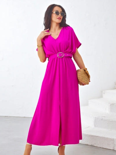 Royalfashion Women's midi dress with short sleeves, V-neck and a center slit