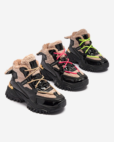 Mustad naiste spordijalatsid karusnaha ja neoonkollaste pitsidega Adbo- Footwear