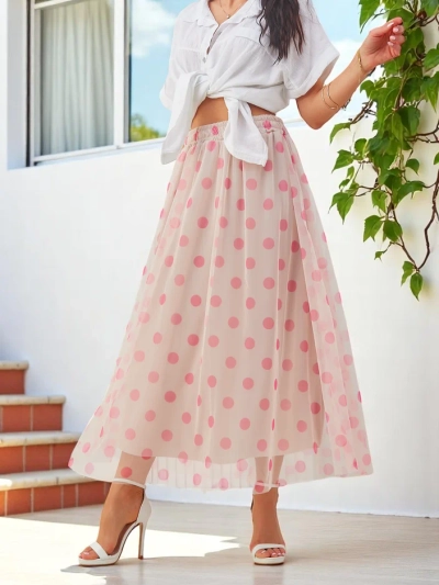 Royalfashion Naiste viskoosist midi seelik polka dot tülliga