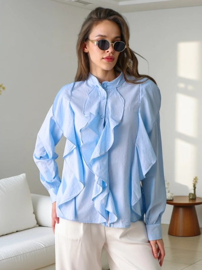 Royalfashion Cotton shirt decorated with ruffles and buttoned