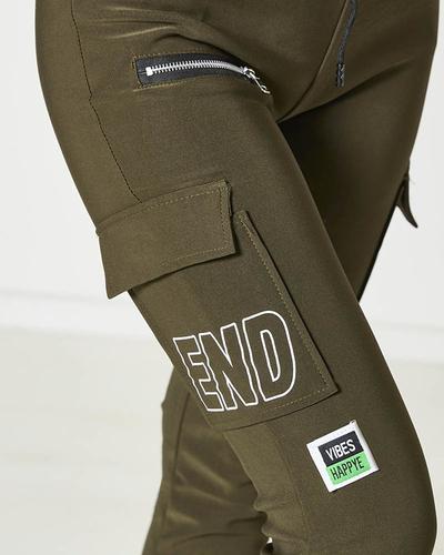 Women's combat pants with inscription in dark green- Clothing