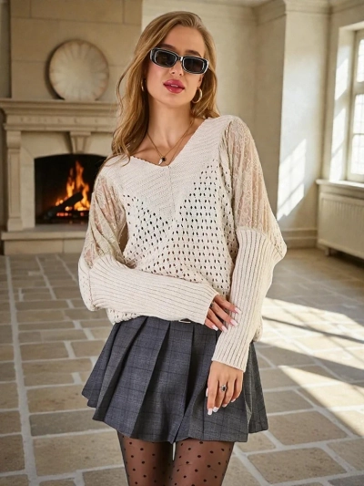 Royalfashion Openwork women's sweater with lace