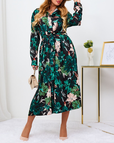 Royalfashion Musta ja rohelise mustriga naiste maxikleit