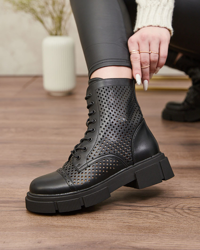 Women's black openwork ankle boots with a flat heel Rolika - Footwear