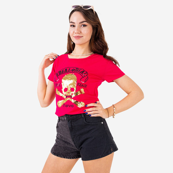 Fuchsia ladies t-shirt with sequins and inscriptions - Clothing