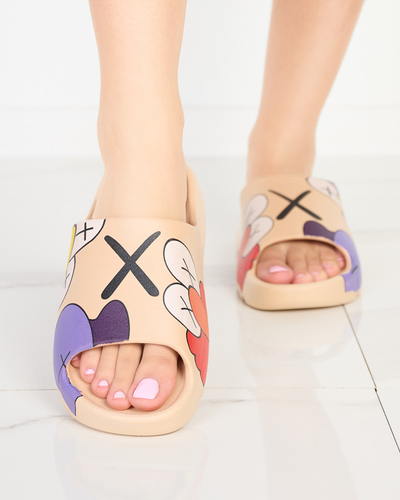 Beige rubber women's slippers with Pfizz print - Footwear