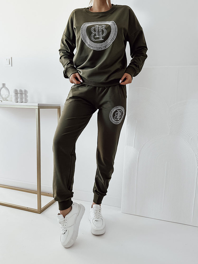 Royalfashion Dark green women's sweatshirt set with zircons