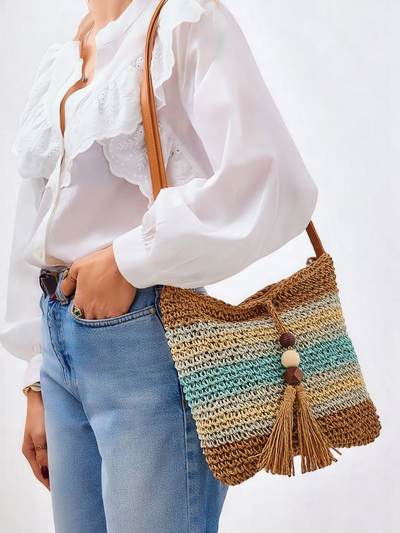 Royal Fashion Small Striped Straw Women's Bag with Charm