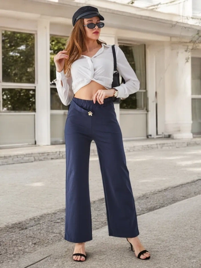 Royalfashion Cotton wide women's pants with belt-like embellishment