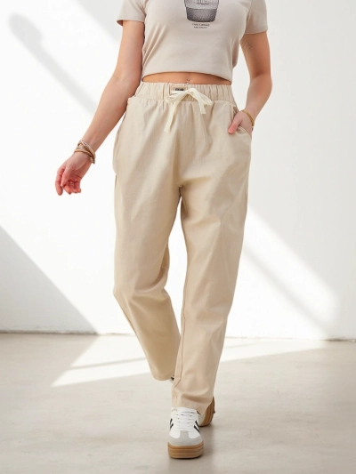 Royalfashion Cotton straight women's pants with a tie at the waist