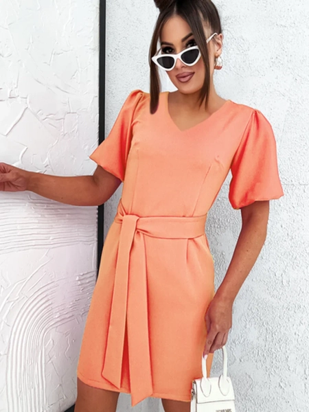 Royalfashion Women's mini dress with puff sleeves and V neckline