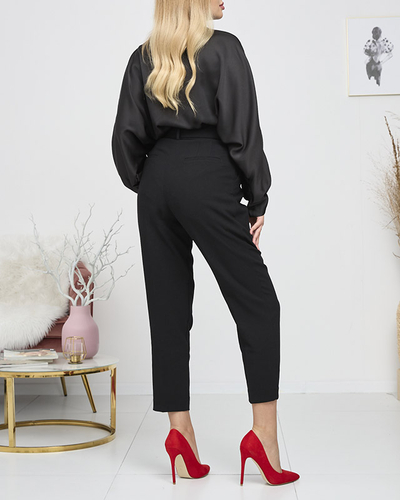 Women's black long satin blouse with binding - Clothing