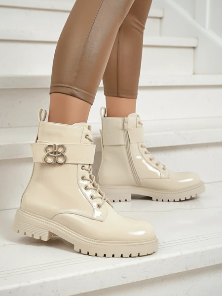 Beige Ariadne eco-leather ankle boots with a zipper, round toe, stylish