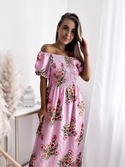 Women's pink midi dress with floral pattern - Clothing
