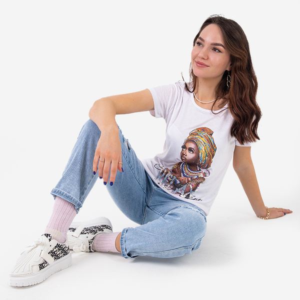 White women's t-shirt with colored print and sequins - Clothing