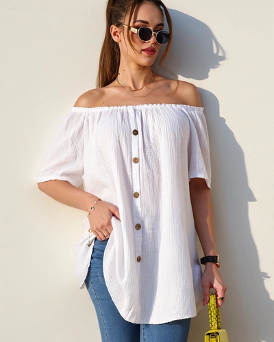 Royalfashion Naiste puuvillane pluus a'la Hispaania stiil dekoratiivsete nuppudega