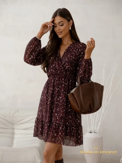 Royalfashion Patterned Women's mini dress with ruffles and wrap neckline