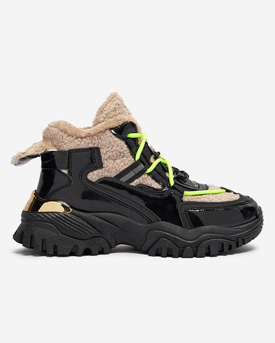 Mustad naiste spordijalatsid karusnaha ja neoonkollaste pitsidega Adbo- Footwear