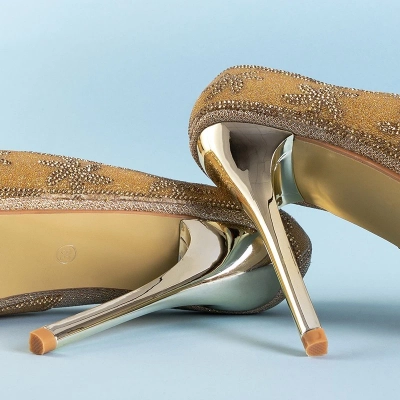 OUTLET Gold brocade women's high heels with cubic zirconia Yilla - Footwear