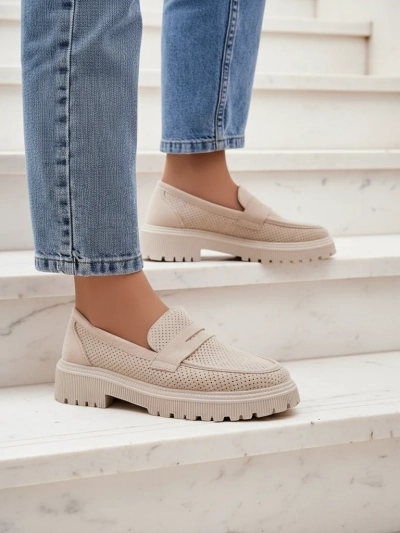 Callista women's loafers beige, ecological leather, flat heel 4 cm