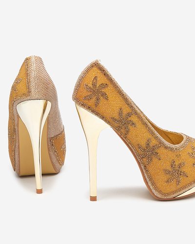 Gold brocade women's high heels with cubic zirconia Yilla - Footwear