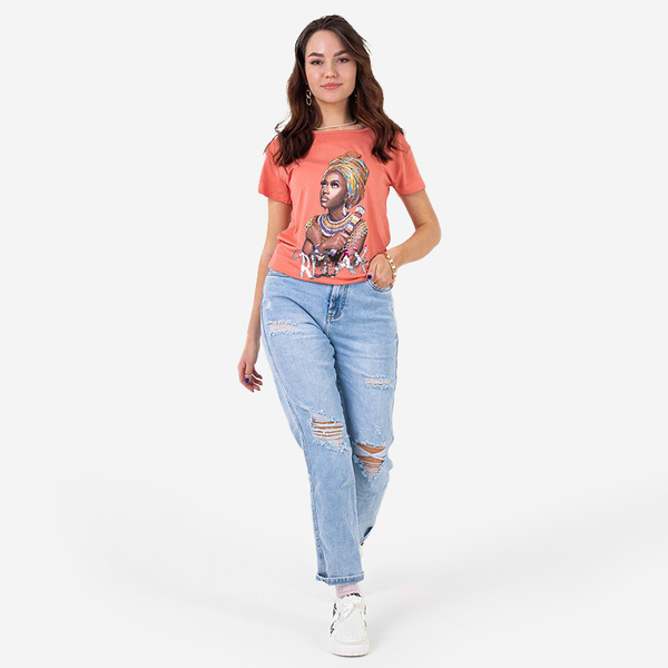 Orange women's t-shirt with colored print and sequins - Clothing