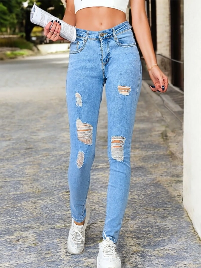 Royalfashion Женские джинсы-трубы с потертостями 5717-6