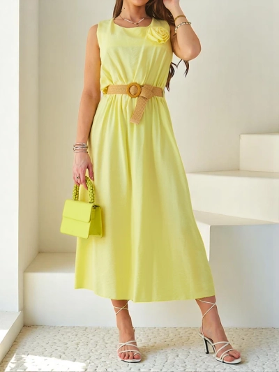 Royalfashion Naiste midi kleit rihmadega, ümmarguse kaelusega ja dekoratiivse lillega