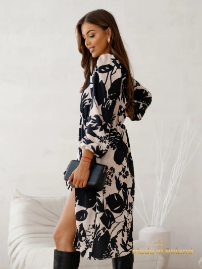 Apollonia Midi Beige Dress with Long Sleeves and Floral Pattern